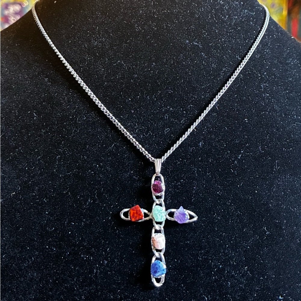 Multicolor Raw Gemstone Cross Necklace Silver tone